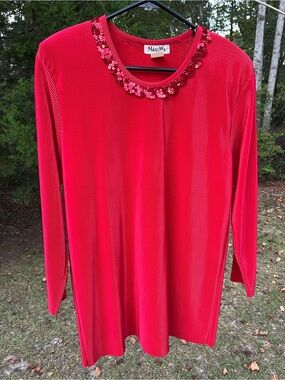 Maxima Red Sequin-Trim textured Crew Neck Top